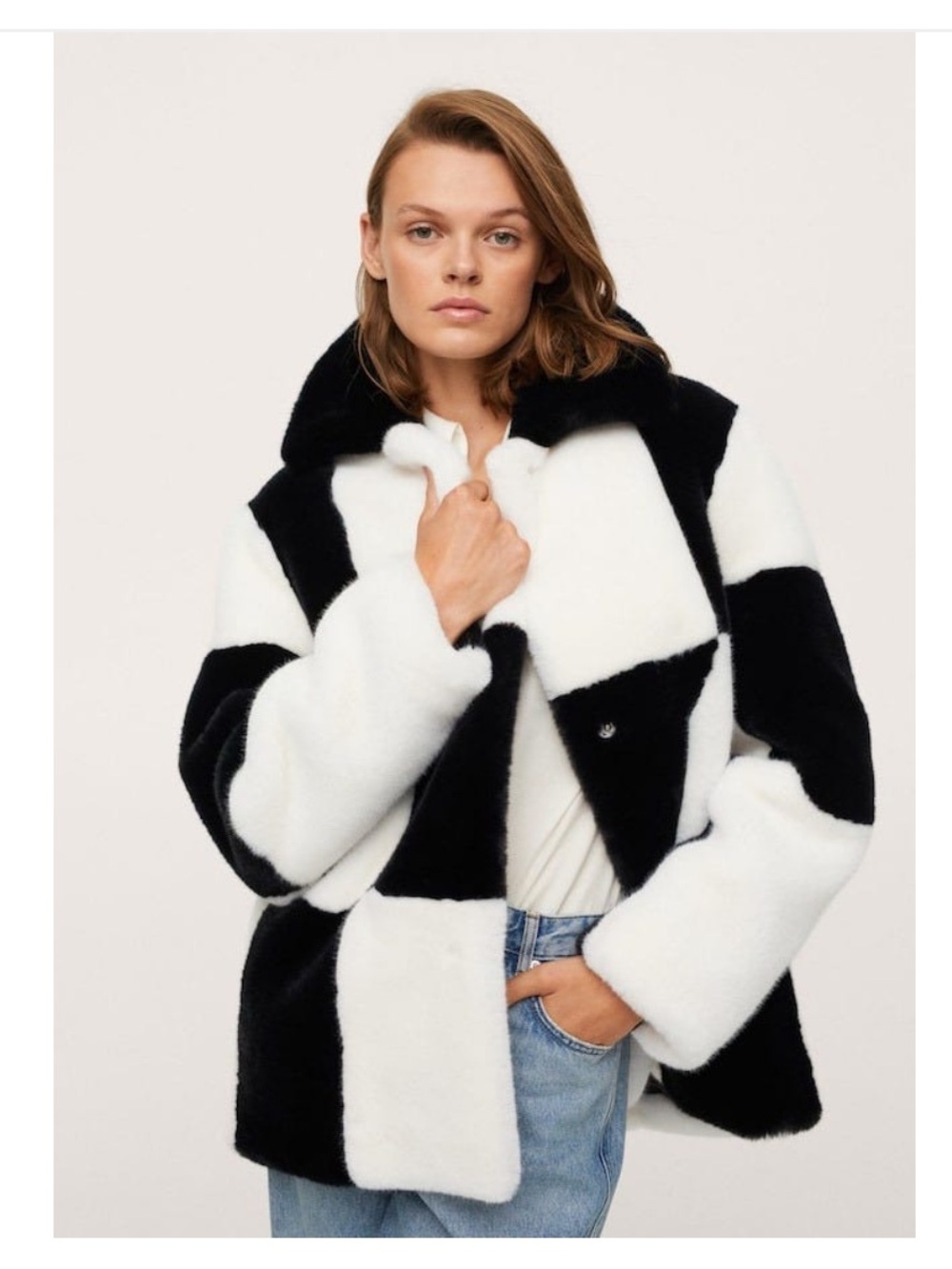 Mango Black and White Check Faux Fur Jacket